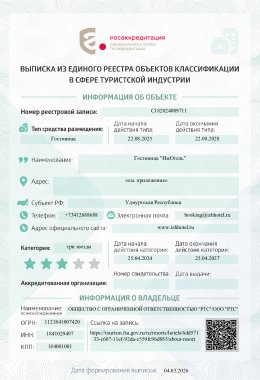 Выписка из Единого реестра объектов классификации в сфере туристкой индустрии